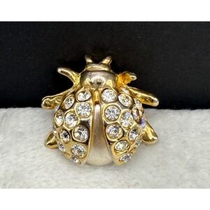 Vintage Bug Brooch Ladybug Rhinestone Gold Tone Faux Pearl Insect‎